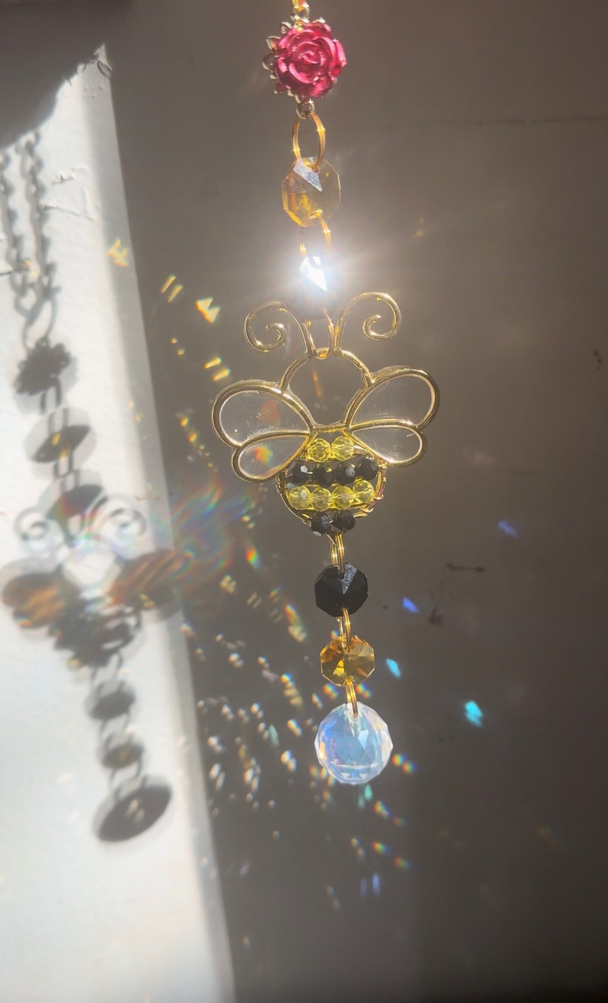 Yellow beaded bee with rainbow wings