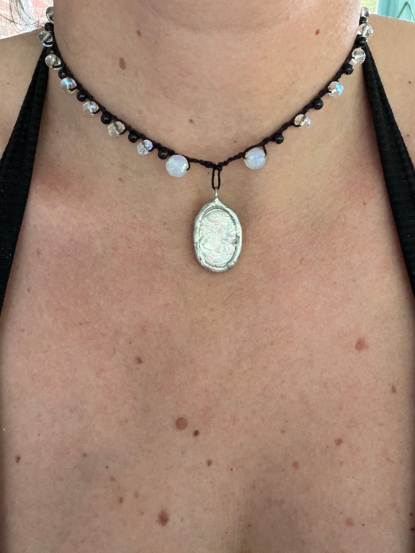 Crocheted mother of pearl cameo choker