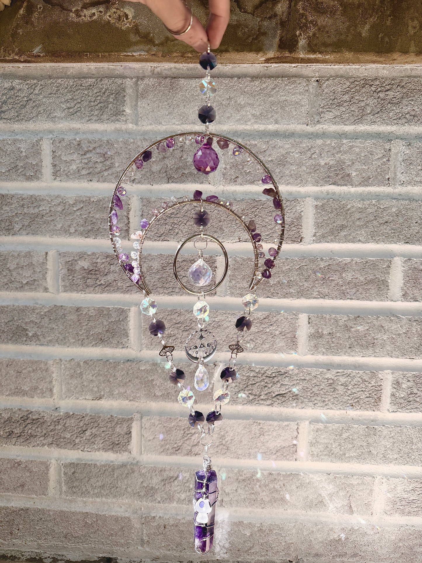 Amethyst mushroom themed moon suncatcher