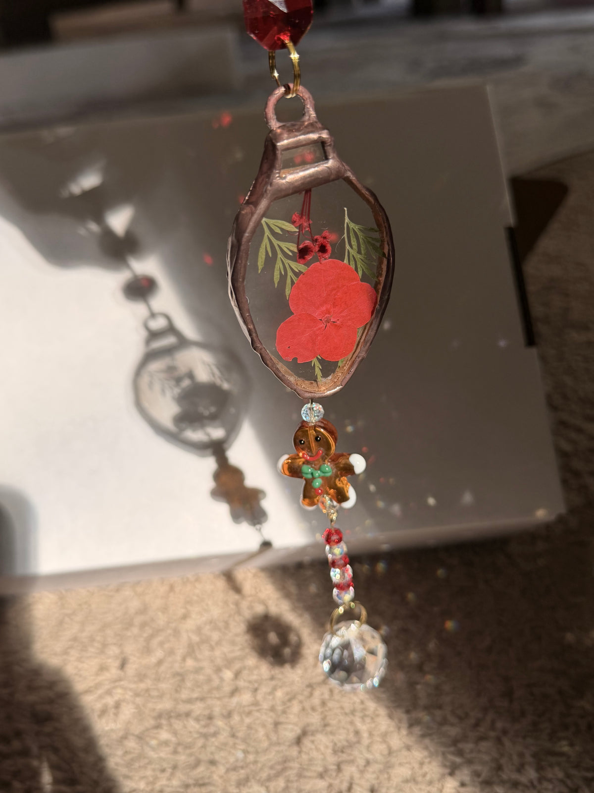 Pressed flower Christmas light Suncatcher with gingerbread man
