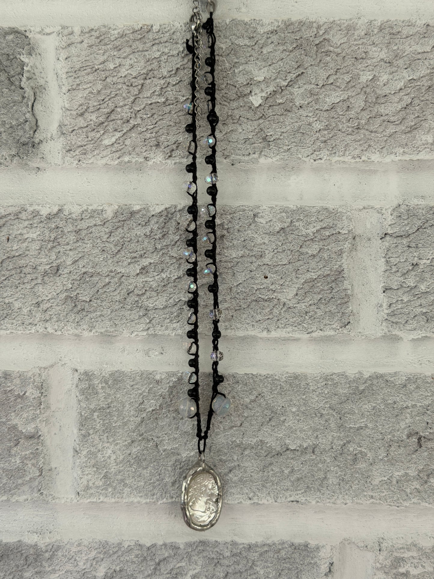 Crocheted mother of pearl cameo choker