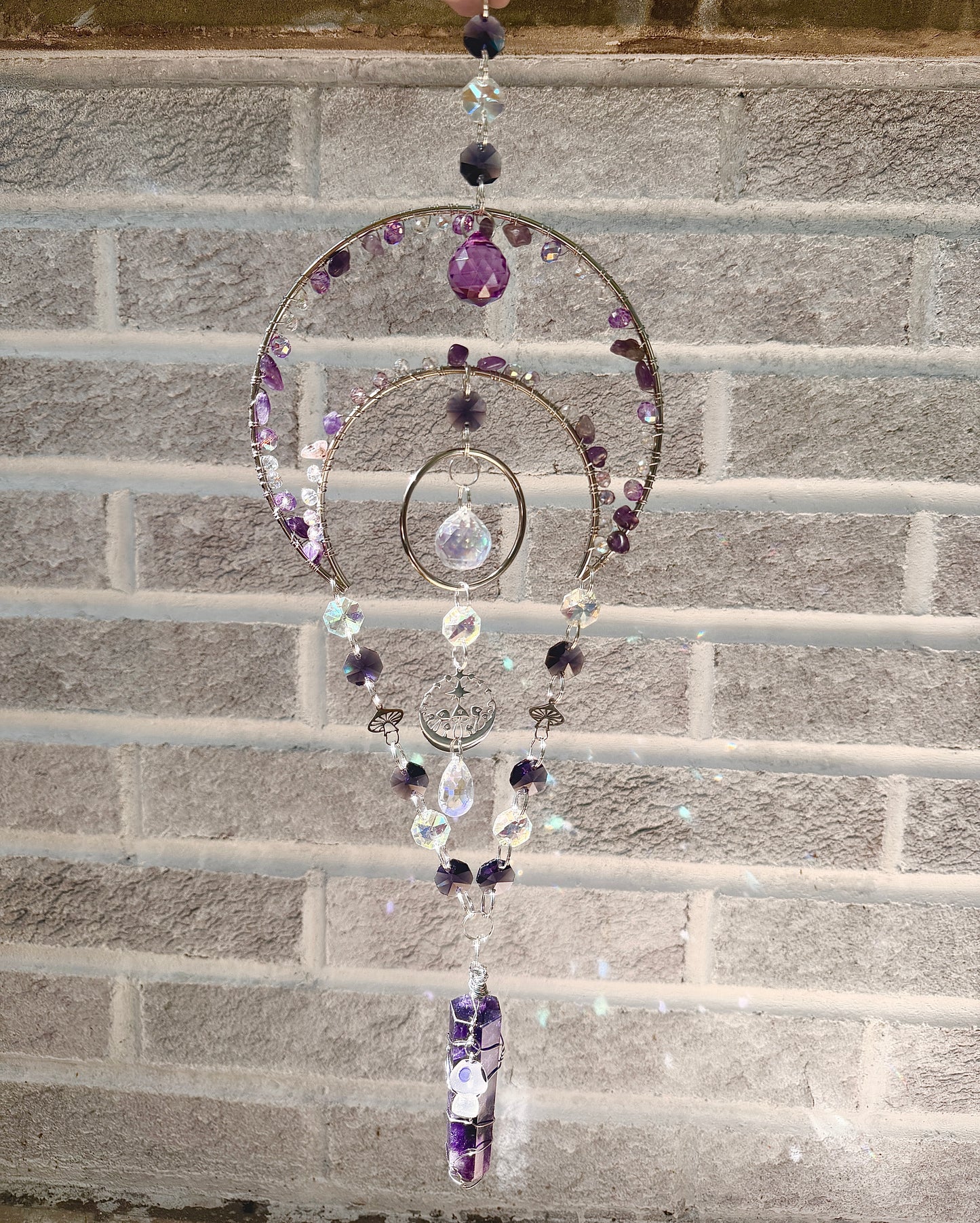 Amethyst mushroom themed moon suncatcher