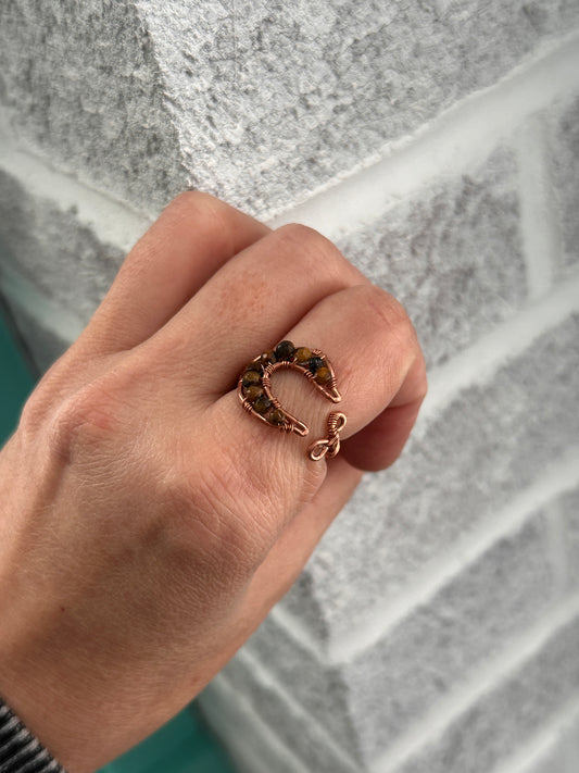 Size 9 adjustable copper moon tiger eye ring