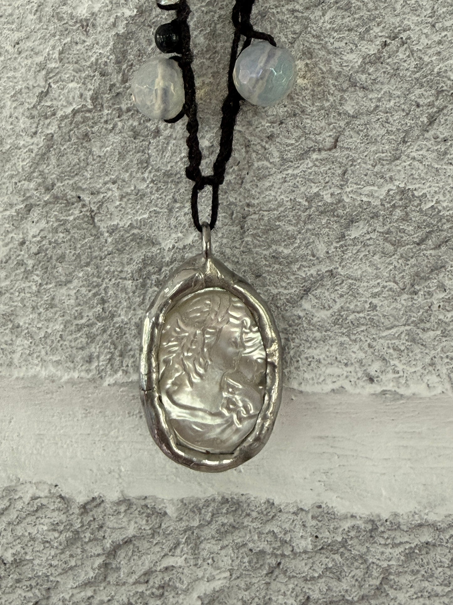 Crocheted mother of pearl cameo choker