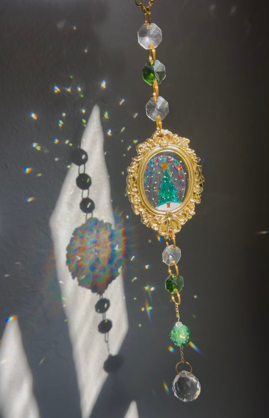 Christmas tree frame Suncatcher with hand painted snow