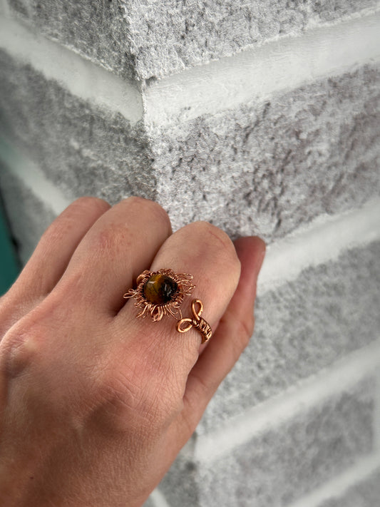 Size 9 adjustable copper sun tiger eye ring