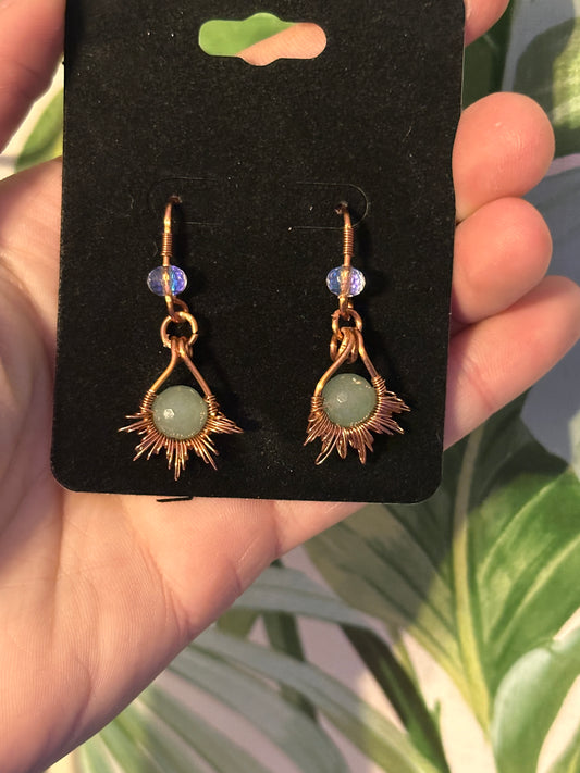 Green aventurine copper sun ray earrings