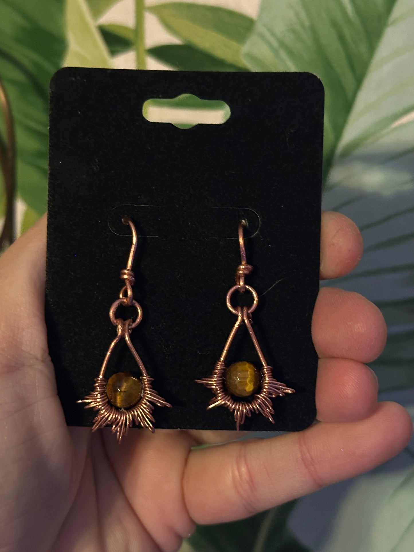 Copper and tiger eye sun ray earrings