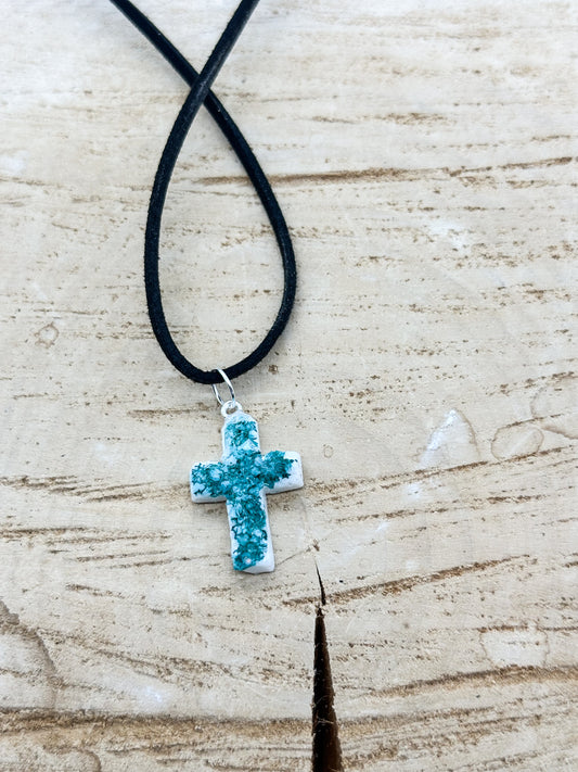 Teal Cross Druzy Neckace