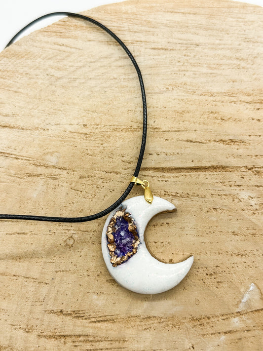 White And Purple Moon Geode Necklace