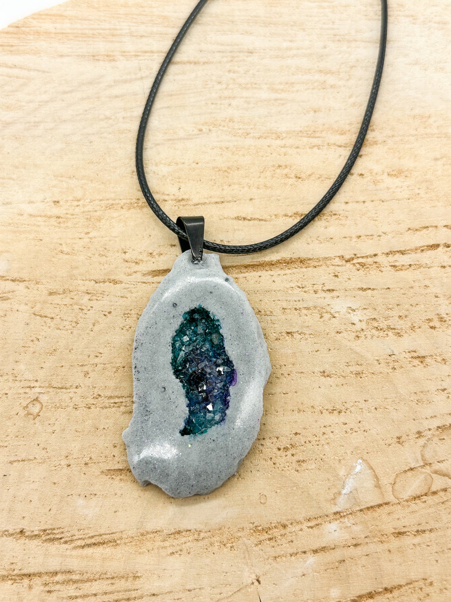 Grey Purple And Teal Rock Geode Necklace