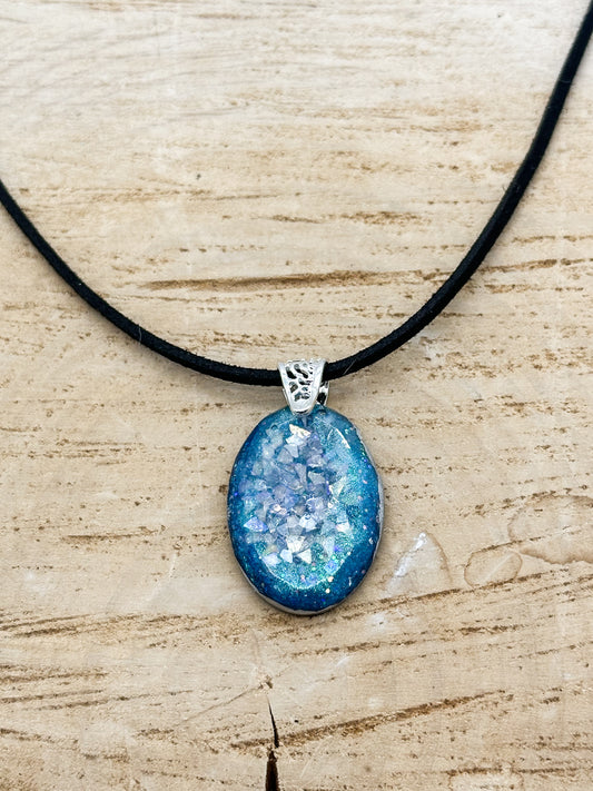 Blue And Silver Oval Geode Necklace