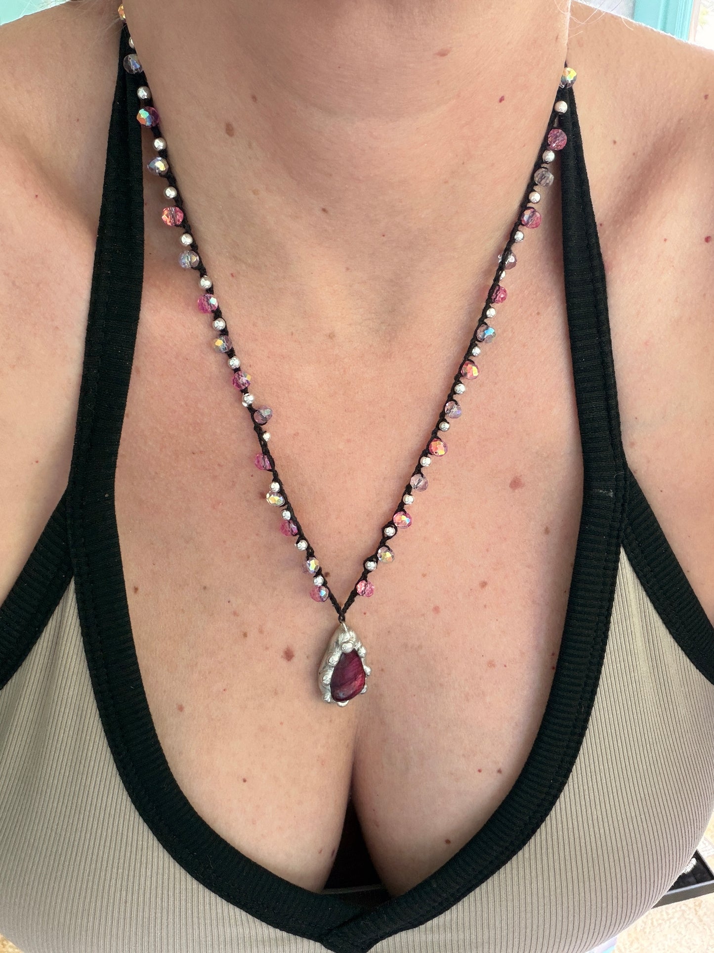 Rare pink labradorite crocheted necklace