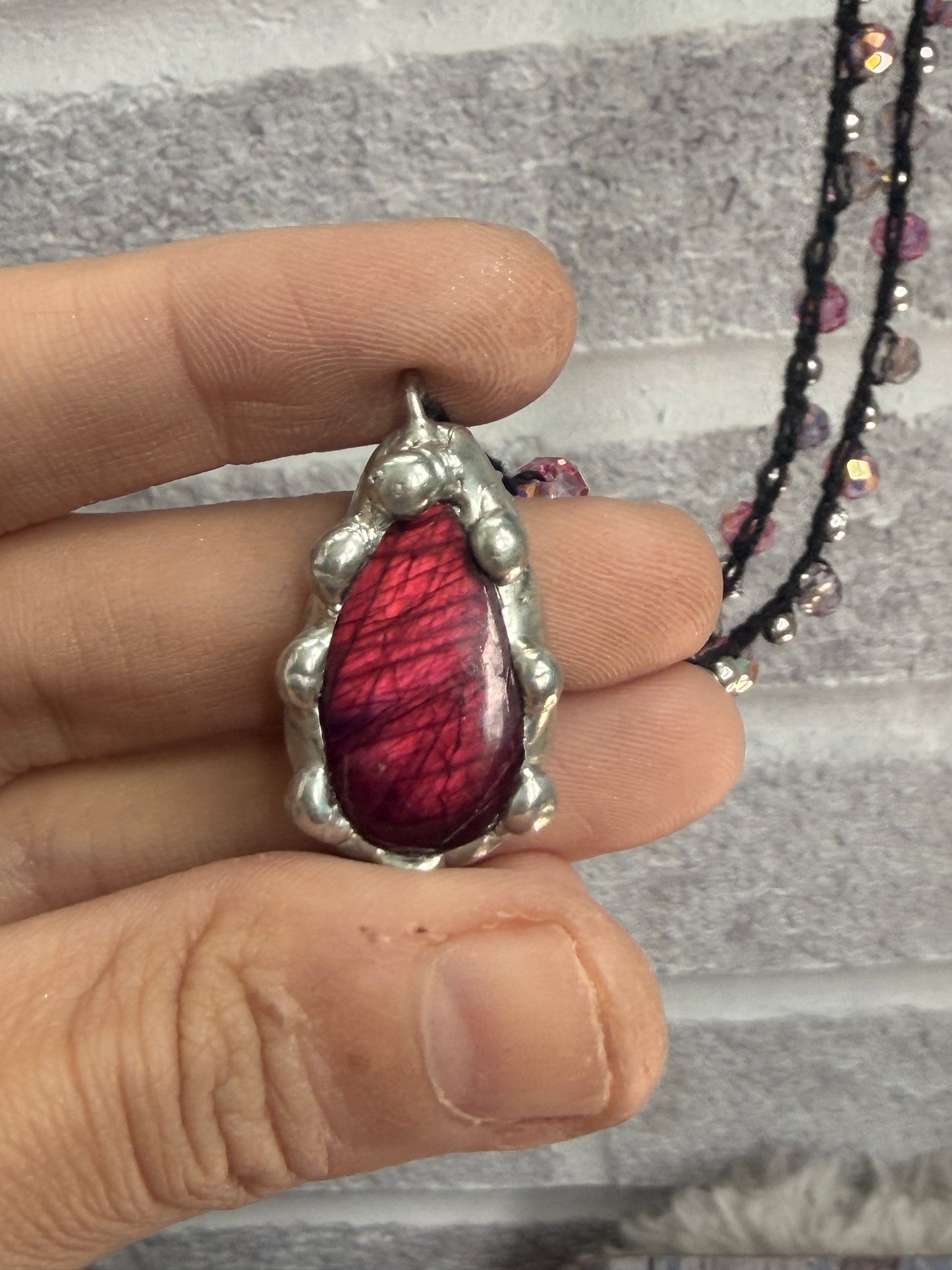 Rare pink labradorite crocheted necklace