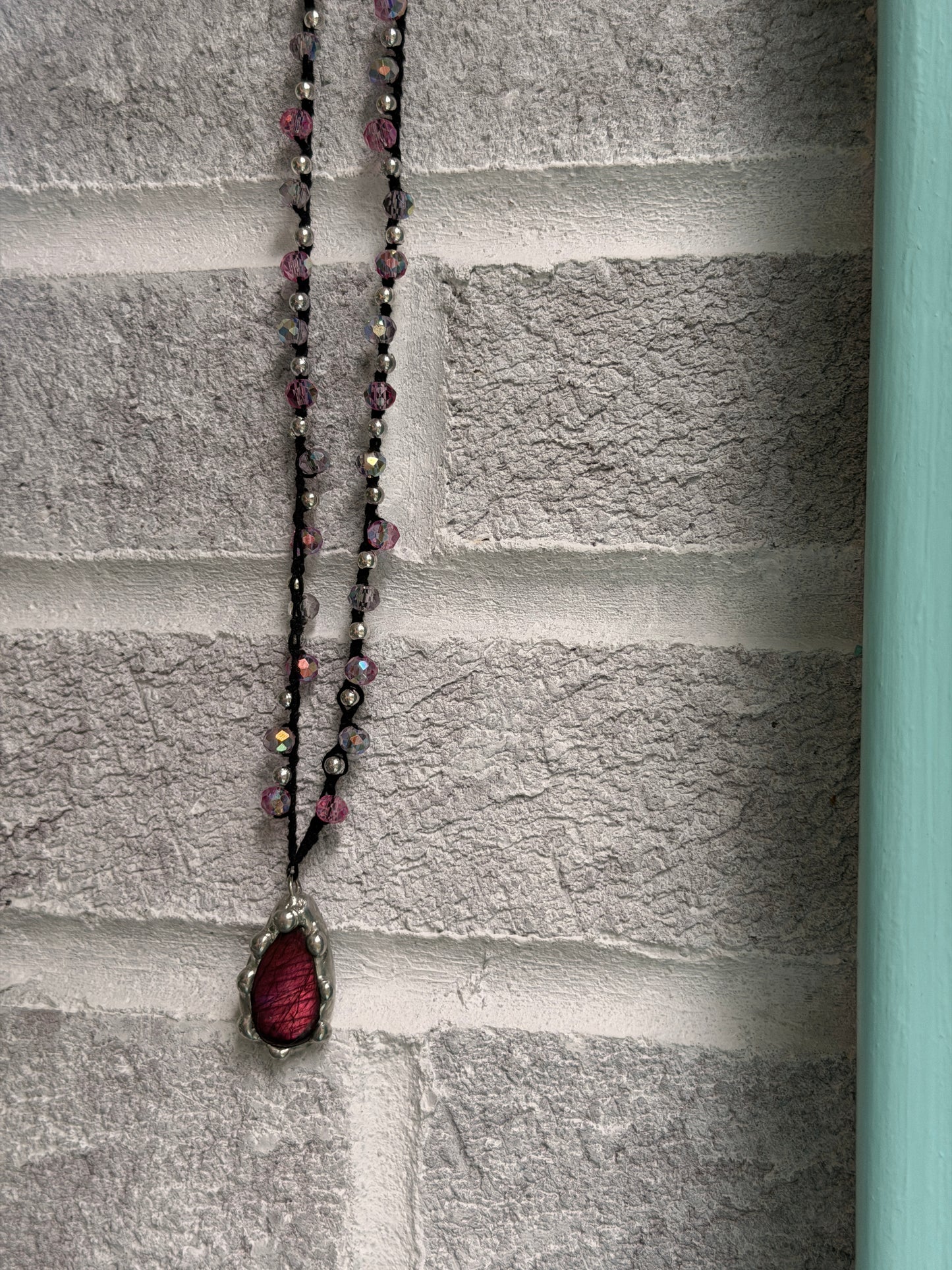 Rare pink labradorite crocheted necklace