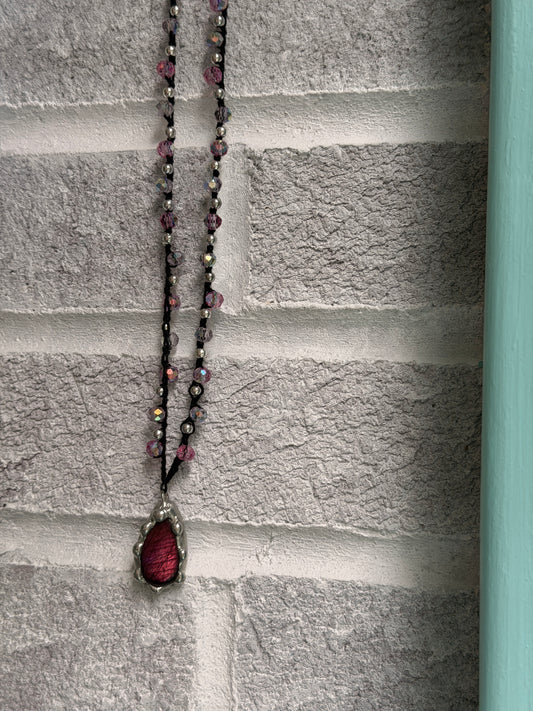 Rare pink labradorite crocheted necklace